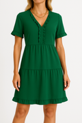 Women's Dress A-line – Relaxed Fit – V-neck – Ruffle Details – Short Sleeved – Layered