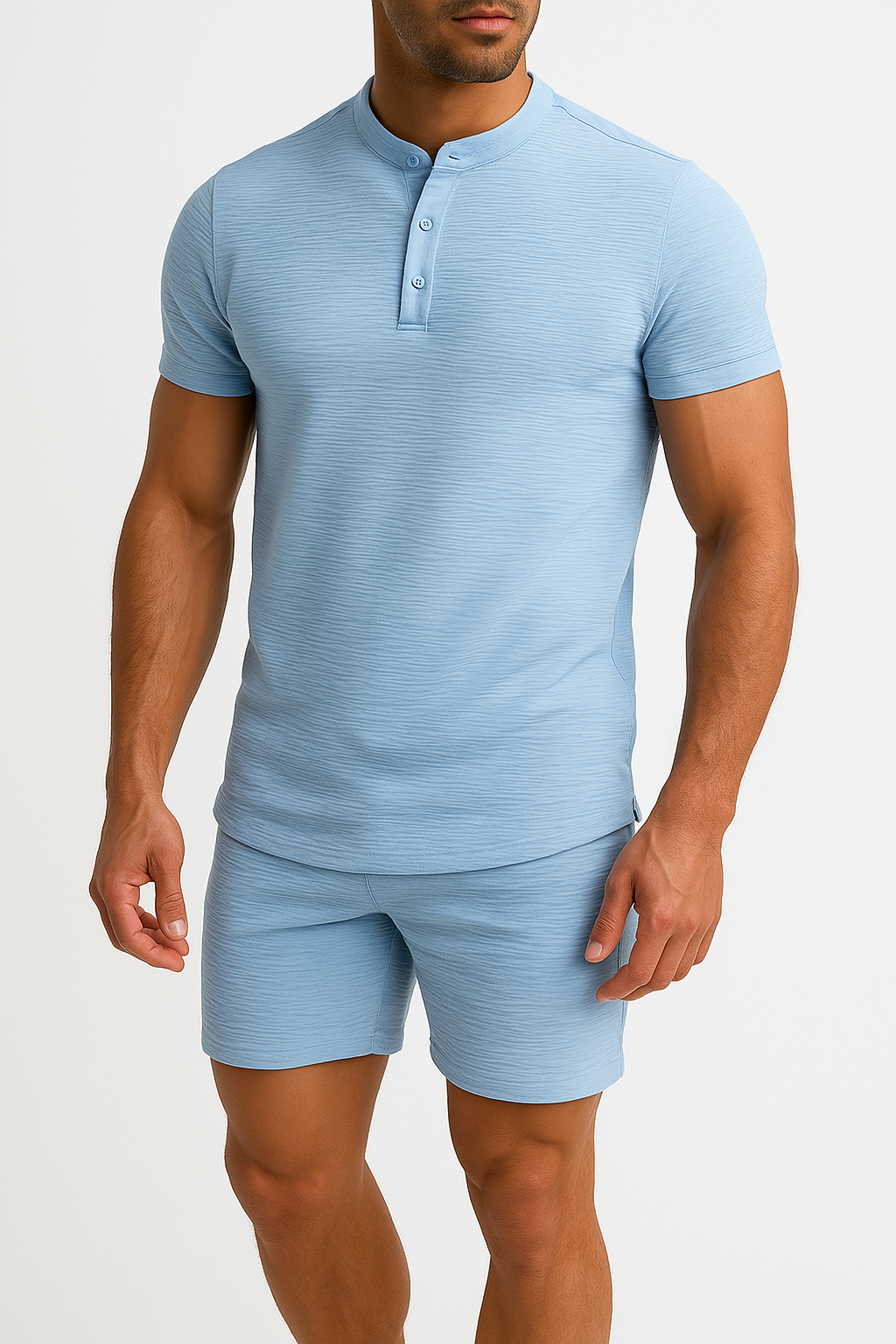Herresæt – Afslappet Pasform – Henley T-shirt & Shorts i Bomuld-Hør Mix