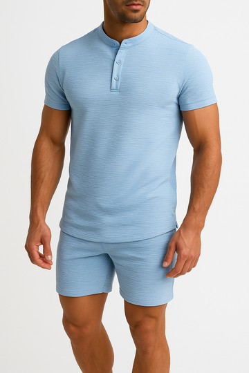 Herresæt – Afslappet Pasform – Henley T-shirt & Shorts i Bomuld-Hør Mix