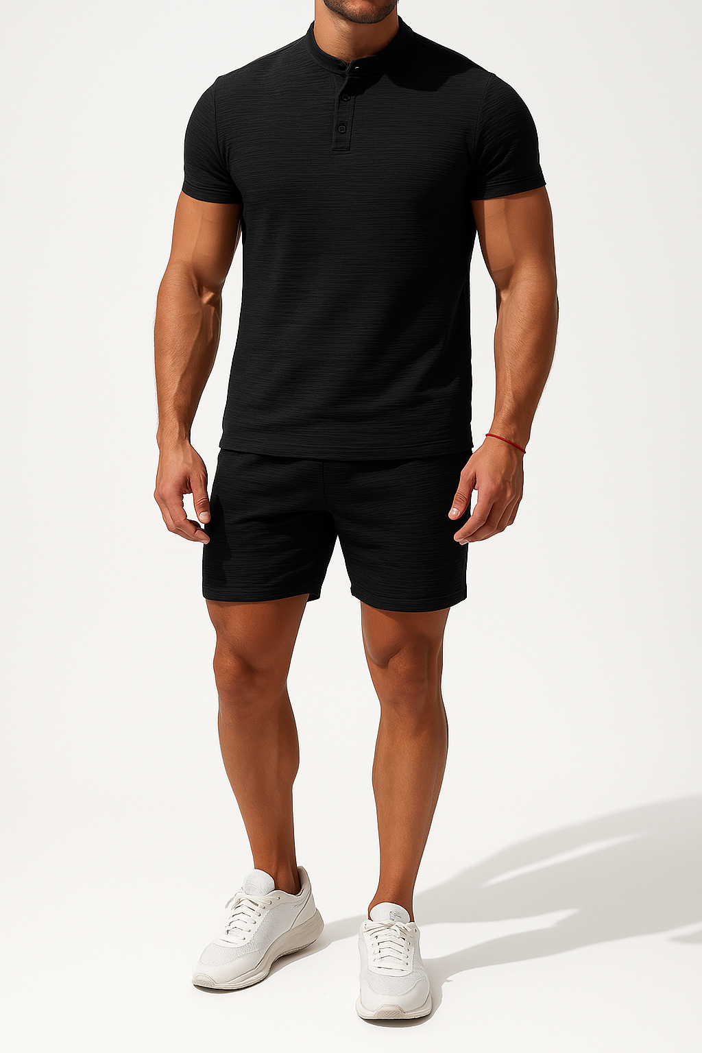 Herresæt – Afslappet Pasform – Henley T-shirt & Shorts i Bomuld-Hør Mix