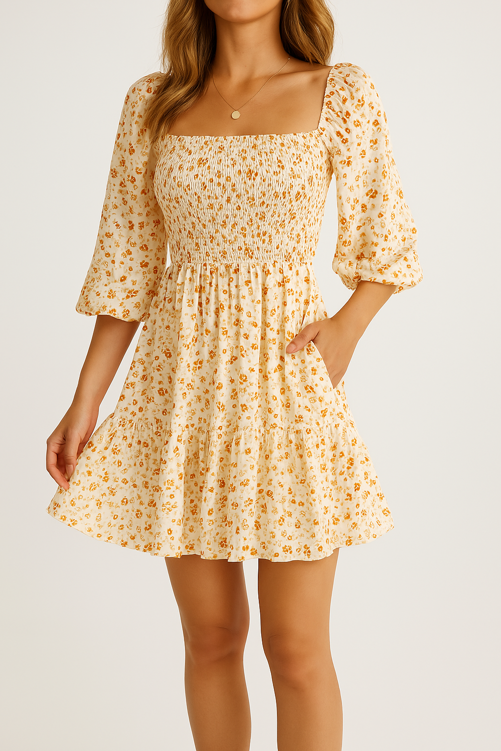 Cotton Blend Floral Smocked A-line Dress