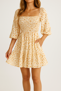 Women's A-line dress – Cotton blend – U-neck – Short sleeve – Floral pattern – Smocked bodice