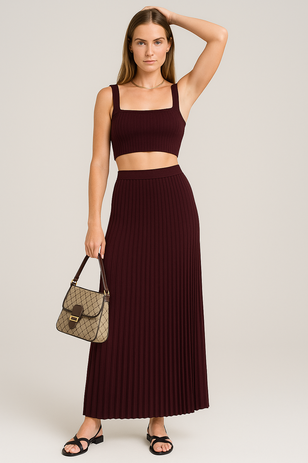 Ribbed Knit Square Neck Cropped Tank Top