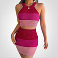 Women's Knit Set – Halterneck Crop Top & High Waist Mini Skirt – Ribbed & Tight-Fitting