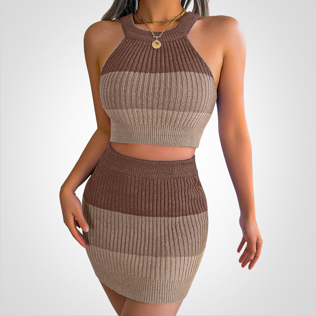 Women's Knit Set – Halterneck Crop Top & High Waist Mini Skirt – Ribbed & Tight-Fitting