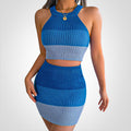 Women's Knit Set – Halterneck Crop Top & High Waist Mini Skirt – Ribbed & Tight-Fitting