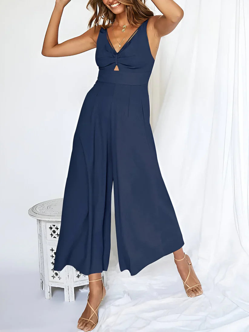 Women's Jumpsuit - Sleeveless V-neck - High Waist - Wide Leg Comfort