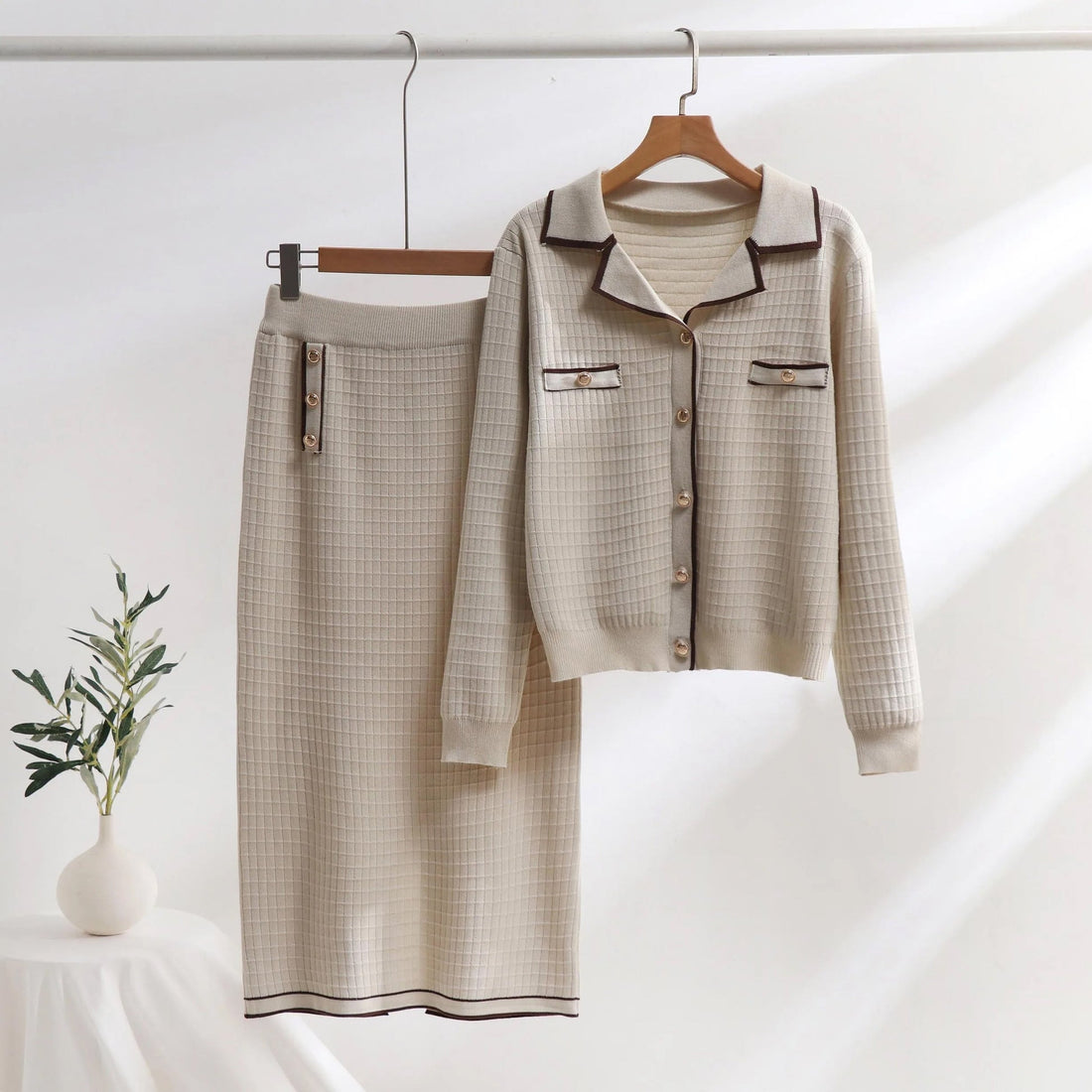 Textured Knit Polo-Neck Two-Piece Set