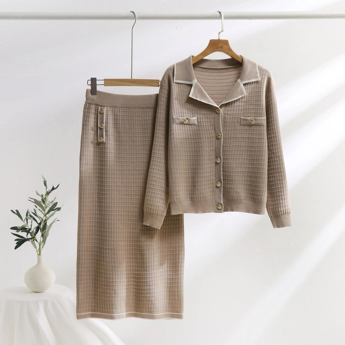 Textured Knit Polo-Neck Two-Piece Set