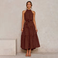 Women's Halterneck Dress - Sleeveless - A-line - Waistband - Light and Airy Long Model