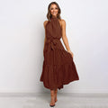 Women's Halterneck Dress - Sleeveless - A-line - Waistband - Light and Airy Long Model