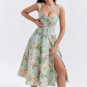 Corset Waist Floral Print Midi Dress