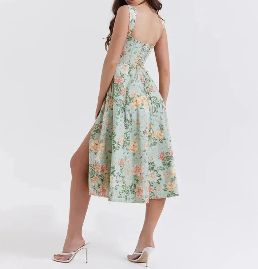 Corset Waist Floral Print Midi Dress
