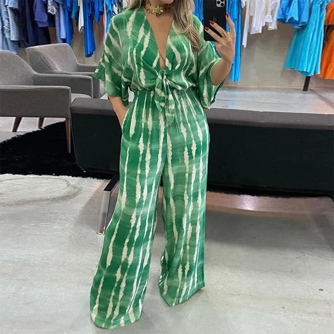 Women's Jumpsuit - Wide Pant Legs - V-neck - Waistband - Short Sleeve - Bohemian Look