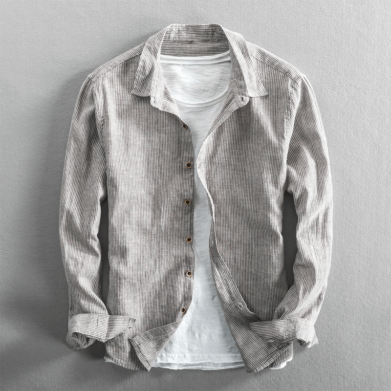 Men's Shirt - Breathable Cotton/Linen - Striped - Button Closure - Regular Fit - Long Sleeved