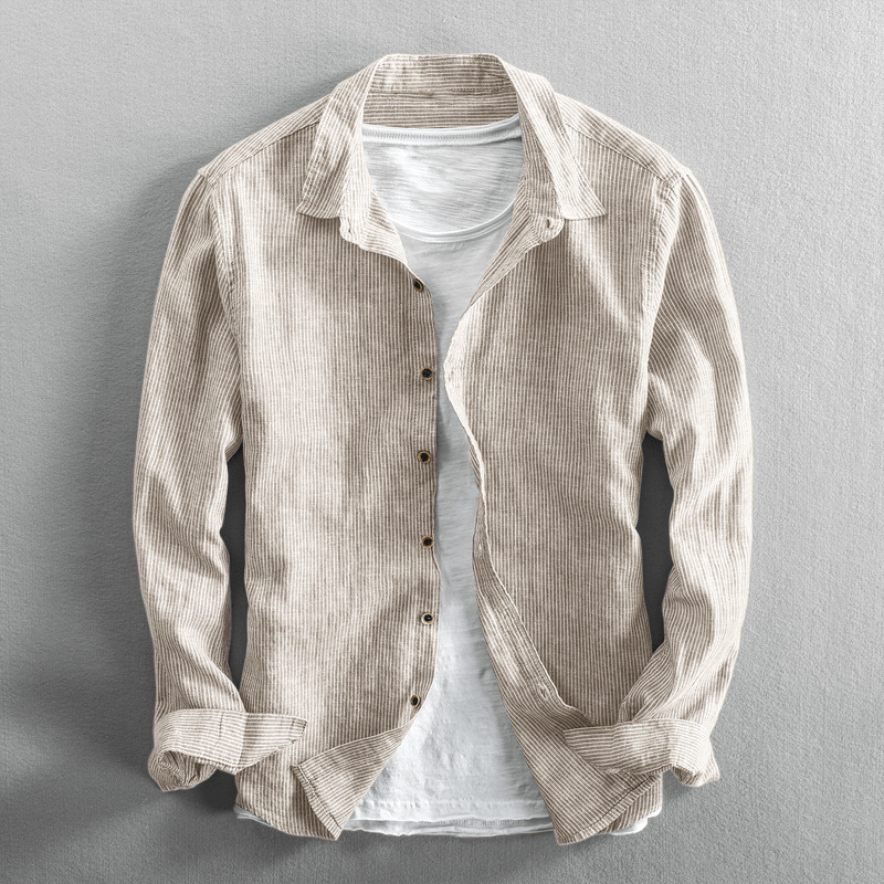 Men's Shirt - Breathable Cotton/Linen - Striped - Button Closure - Regular Fit - Long Sleeved
