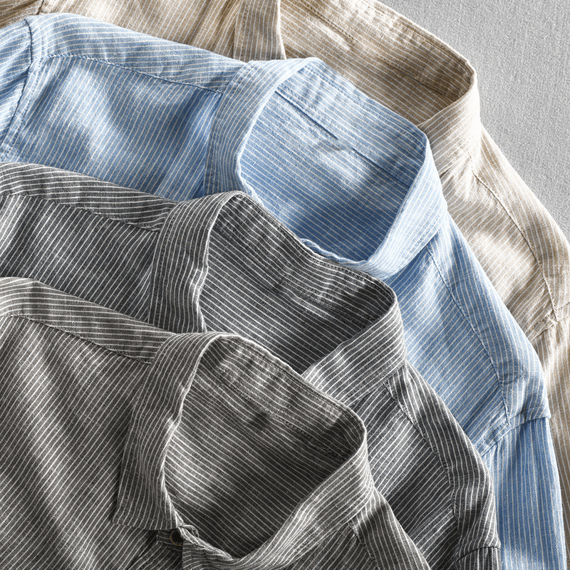 Men's Shirt - Breathable Cotton/Linen - Striped - Button Closure - Regular Fit - Long Sleeved