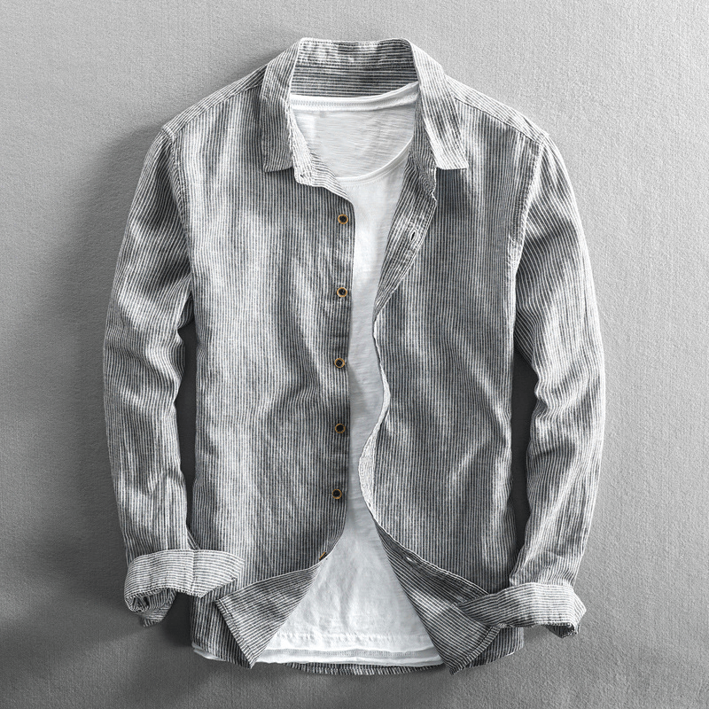 Breathable Cotton Linen Striped Regular Fit Shirt