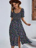Dress for women - Midi length - Short puff sleeves - A-line fit - Floral pattern