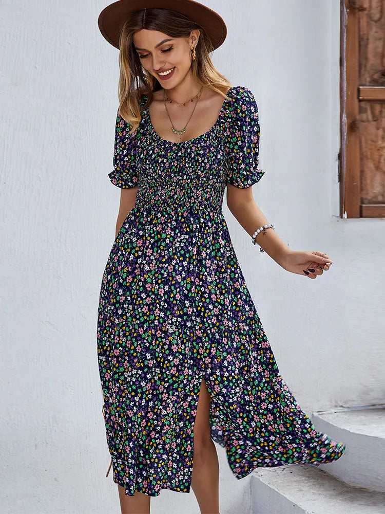 Floral Print Puff Sleeve Midi Dress