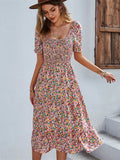 Women's Dress - Midi Length - A-line Cut - Short Puff Sleeves - Floral Print