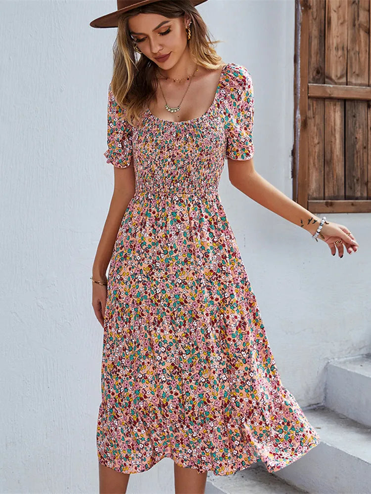 Dress for women - Midi length - Short puff sleeves - A-line fit - Floral pattern