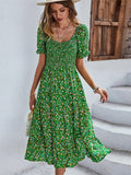 Dress for women - Midi length - Short puff sleeves - A-line fit - Floral pattern
