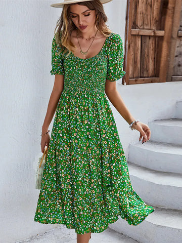 A-Line Floral Puff Sleeve Midi Dress