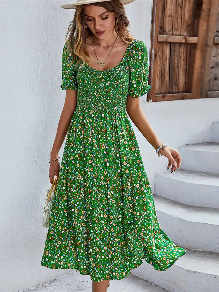 Floral Print Puff Sleeve Midi Dress