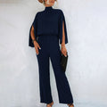 Women's Jumpsuit – High Neck – Slit Cape Sleeves – Fitted Waist – Wide Legs