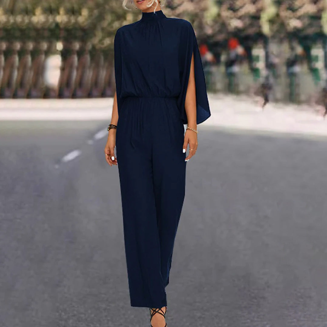 Women's Jumpsuit – High Neck – Slit Cape Sleeves – Fitted Waist – Wide Legs