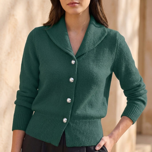 Fitted Waist-Length Knit Cardigan with Lapel Collar and Statement Buttons