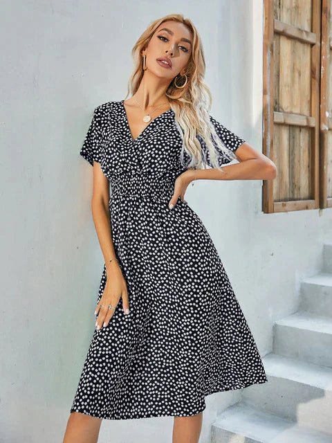 Polka Dotted A-line V-neck Wrap Dress