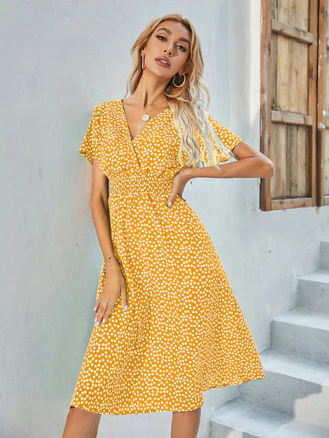Polka Dotted A-line V-neck Wrap Dress