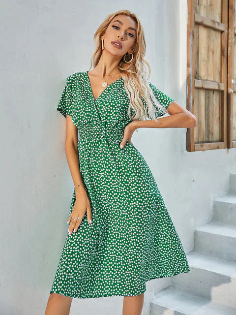 Women's Dress - A-line Fit - V-neck - Short-sleeved - Light and Comfortable