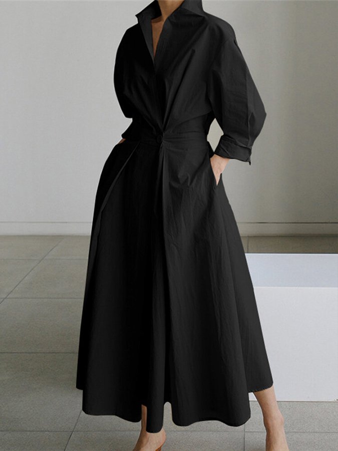 Women's Shirt Dress - Midi Length - Waistband - A-line Fit - Long Sleeves