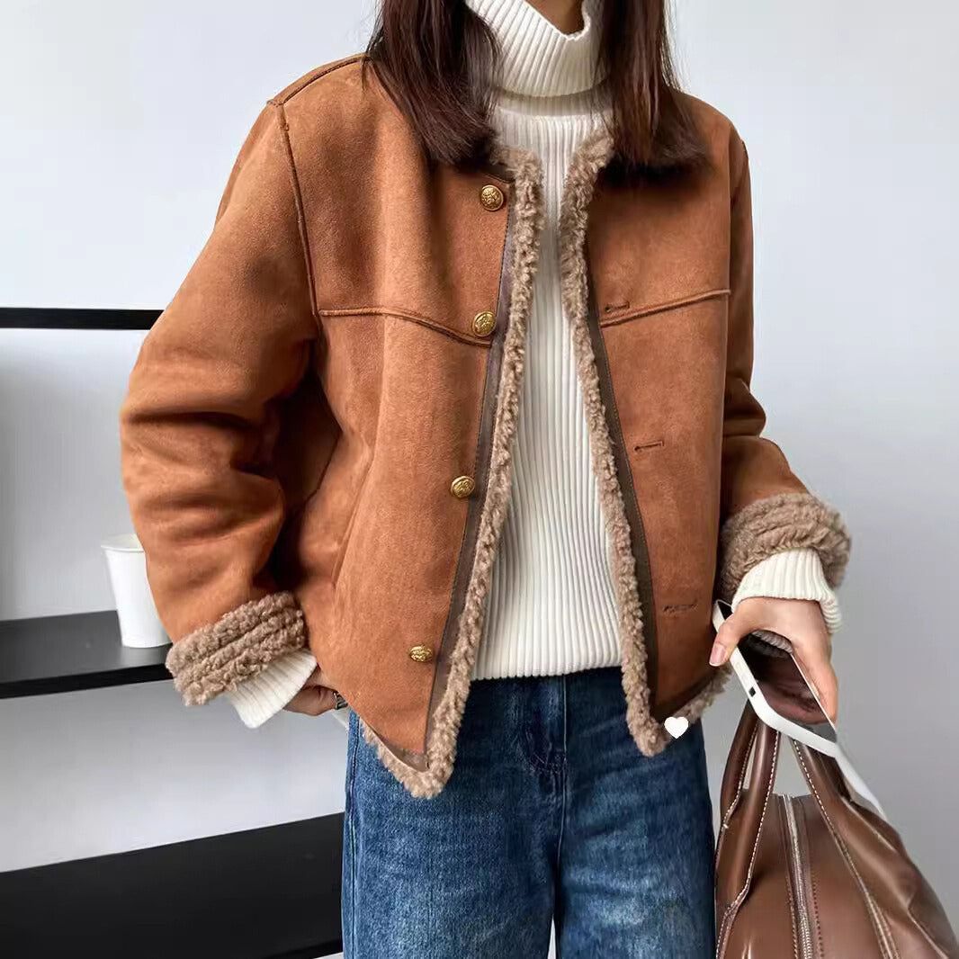 Sherpa-Lined Suede Texture Boxy Jacket