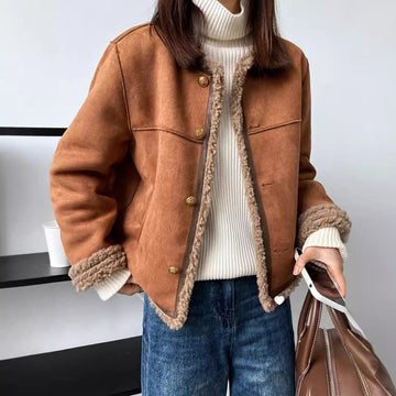 Sherpa-Lined Suede Texture Boxy Jacket