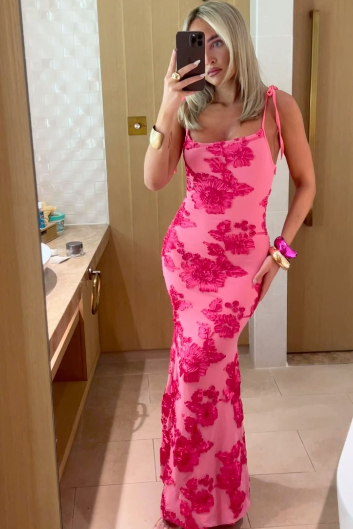 Fitted Embroidered Floral Shoulder Tie Maxi Dress