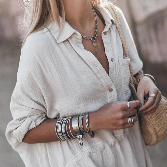 Women's Shirt Dress - Oversized Fit - Long-Sleeved - Light and Breathable - Button Closure