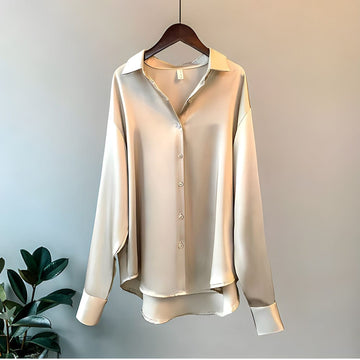 Dame Silkebluse - Langærmet - Knaplukning - Klassisk Krave - Elegant Pasform