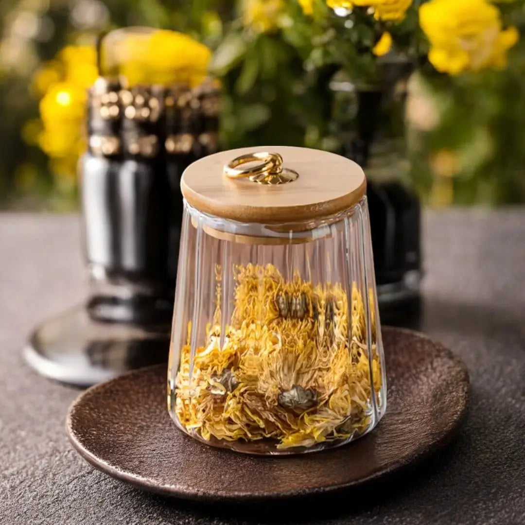 Ribbed Glass Bamboo Lid Storage Jar