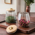 Ribbed Glass Bamboo Lid Storage Jar
