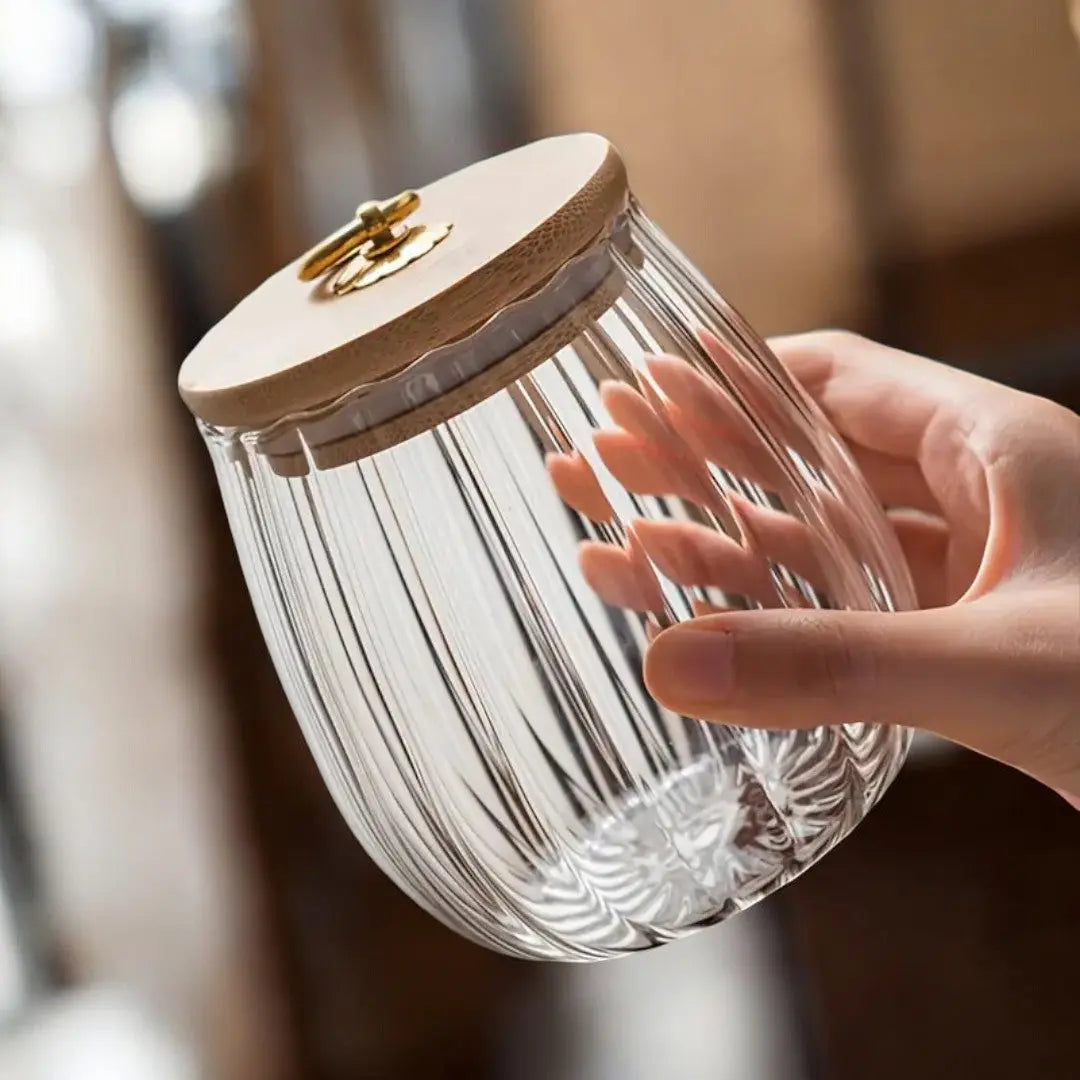 Ribbed Glass Bamboo Lid Storage Jar