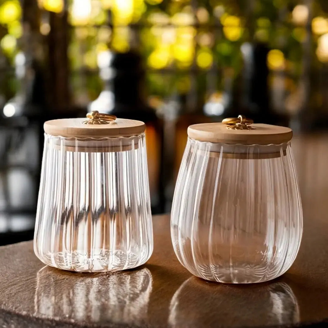 Ribbed Glass Bamboo Lid Storage Jar