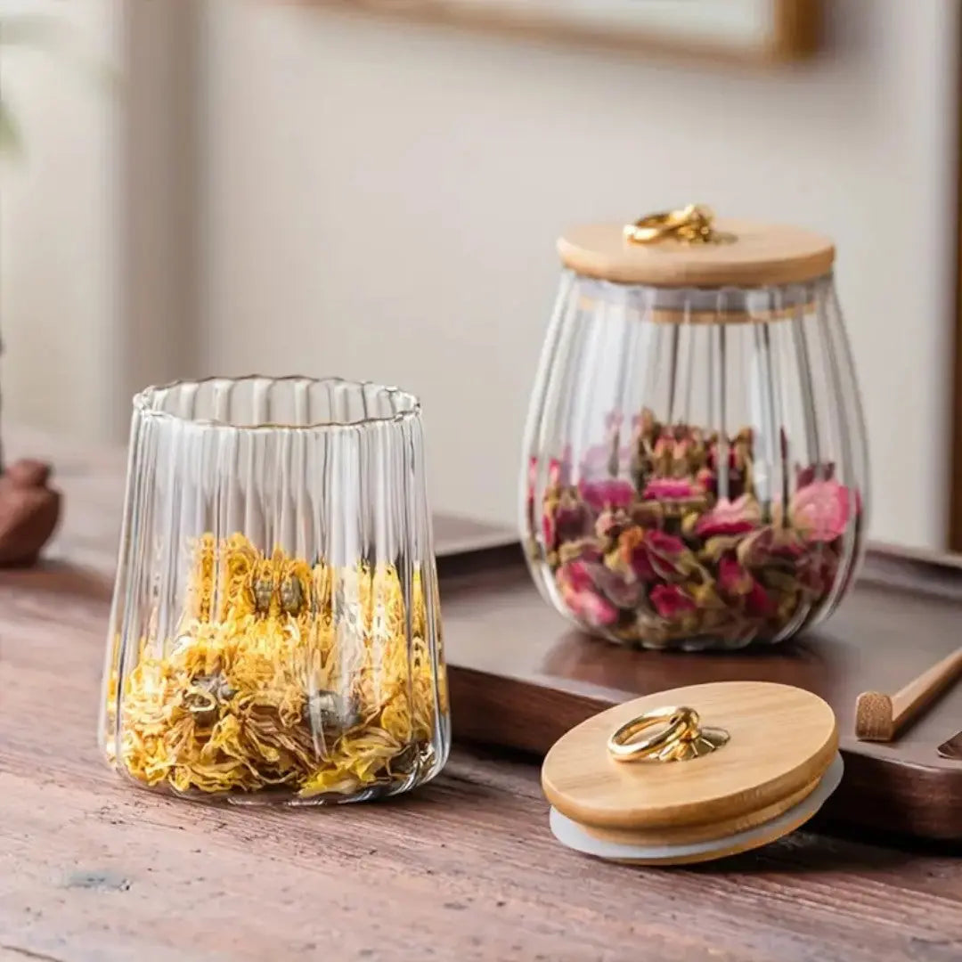 Ribbed Glass Bamboo Lid Storage Jar