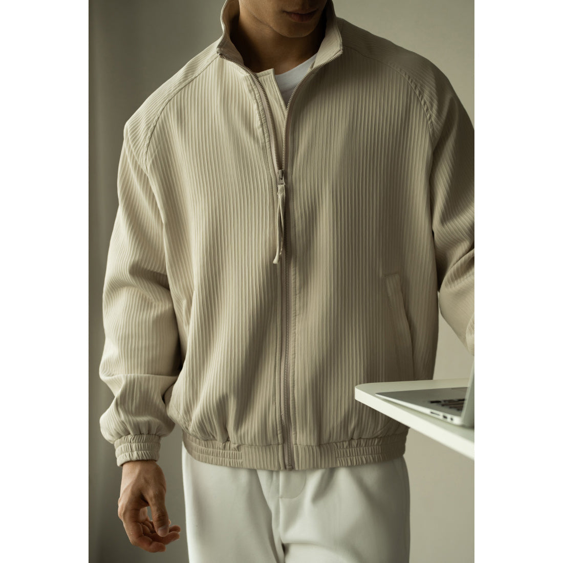 Ribbed Stand Collar Relaxed Fit Jacket