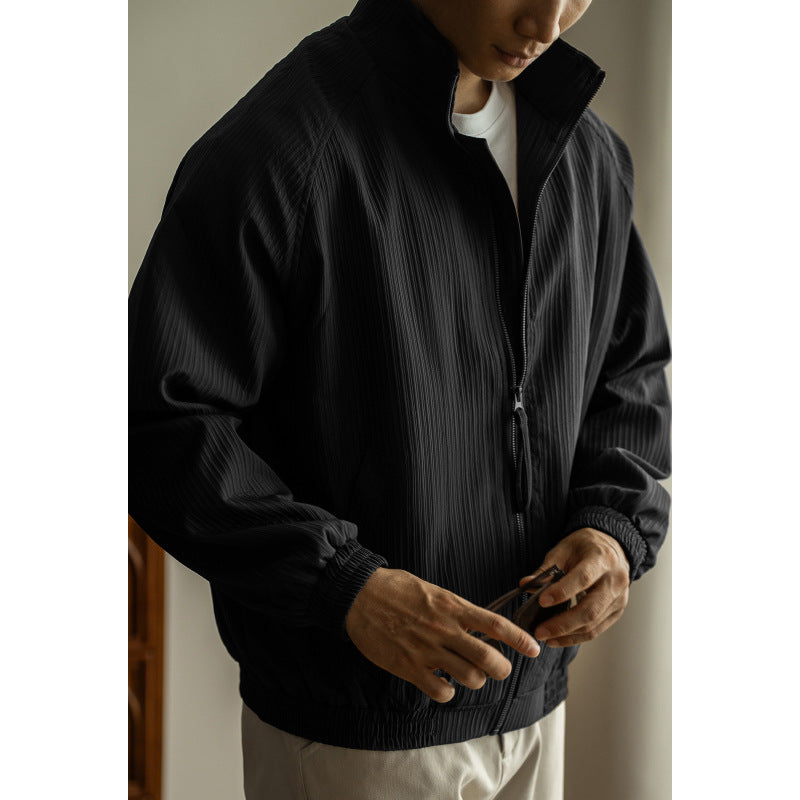 Ribbed Stand Collar Relaxed Fit Jacket