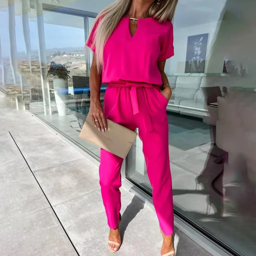 Women's Jumpsuit - Elegant Design - Short Sleeve - Elastic Waist - Comfortable Fit