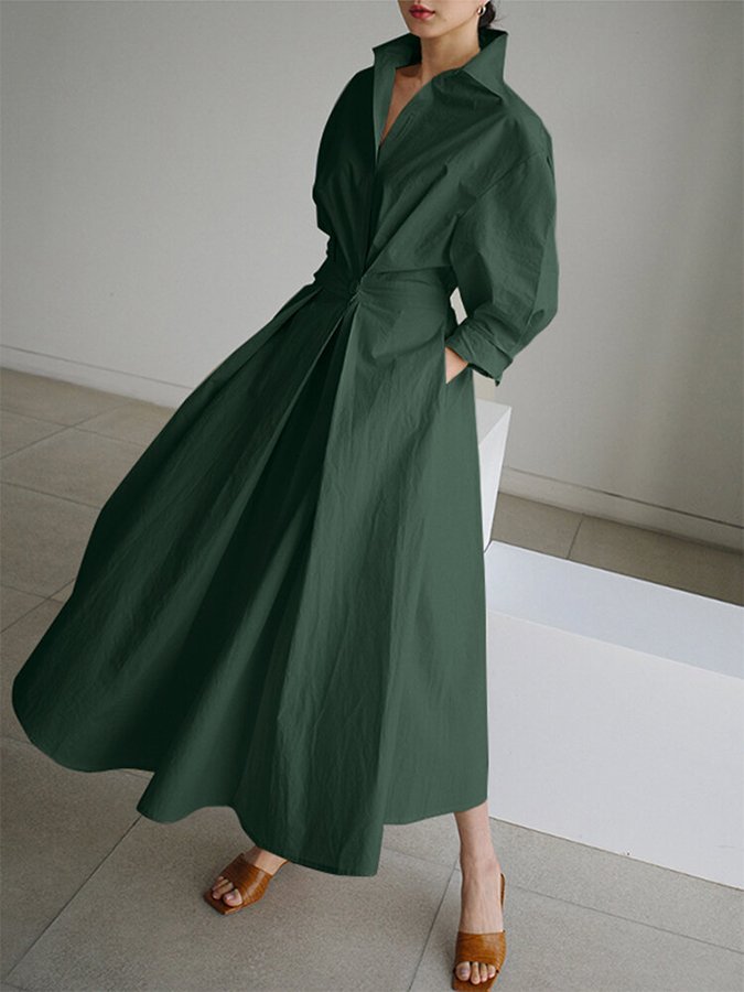 Women's Shirt Dress - Midi Length - Waistband - A-line Fit - Long Sleeves